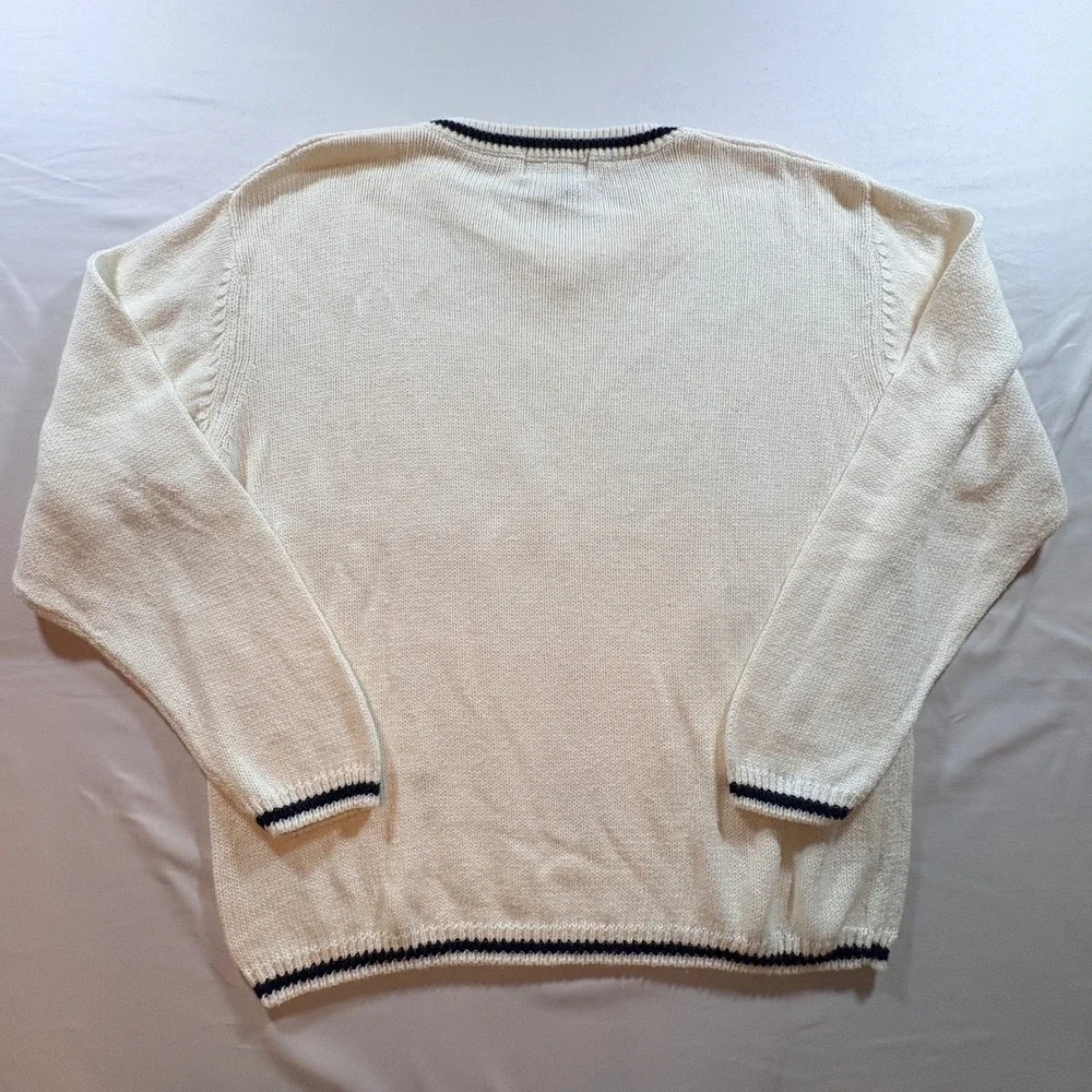 American Outpost V-Neck Sweater Mens Large Cream Navy Cotton Ramie Knit Pullover